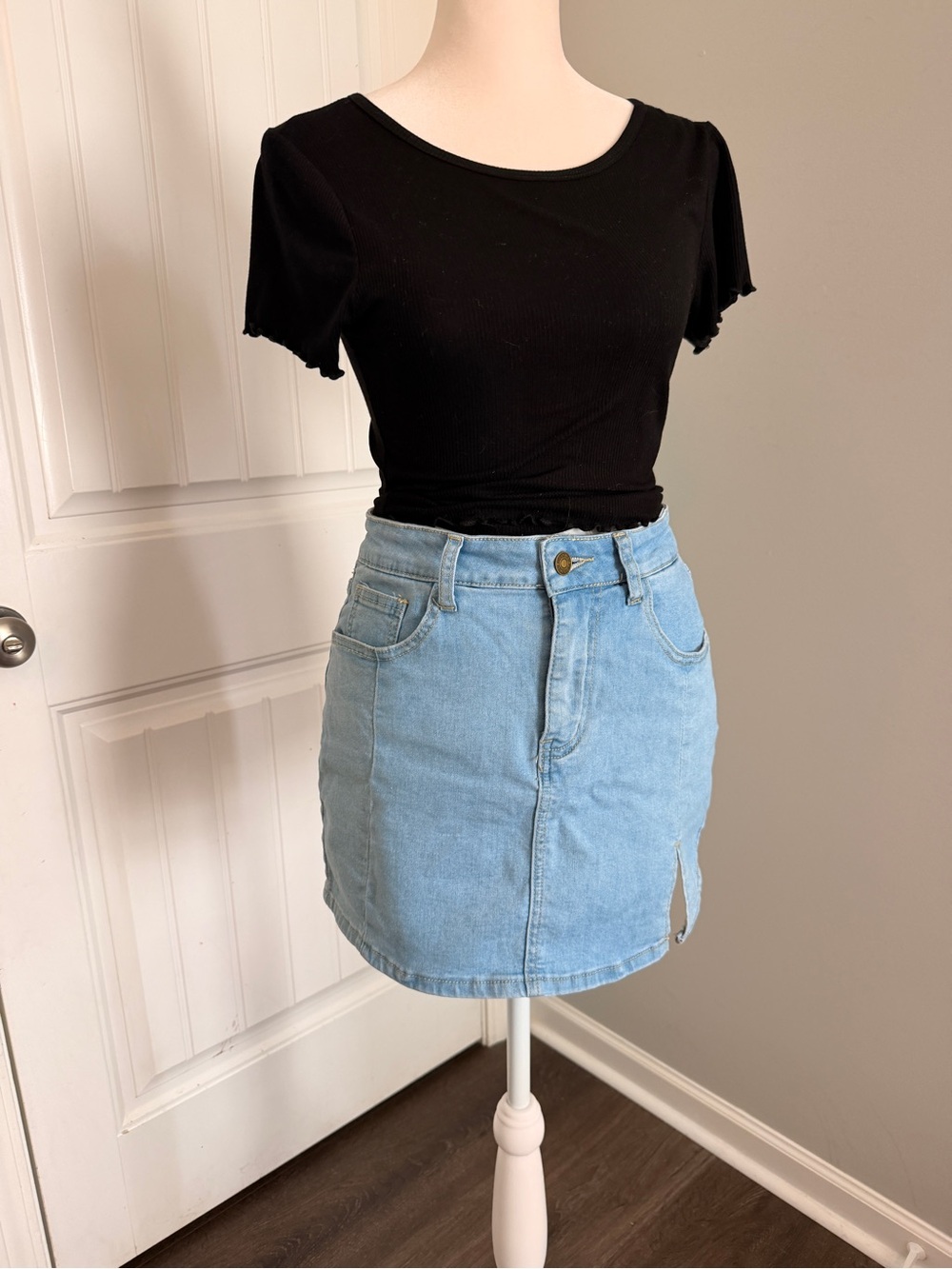 Classic Light Wash Denim Mini Skort- Light Blue